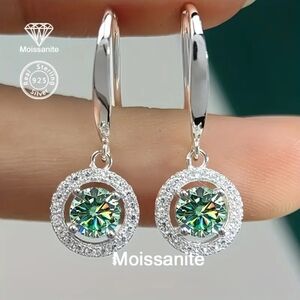 1 Carat Green Moissanite Sterling Silver Halo Dangle Earrings